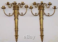 PAIR of BIG Vintage EMPIRE STYLE Classical BRONZE WALL SCONCES Gold 3 Arm Sconce