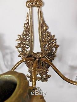 PAIR of French Antique Brass & Crystal Triple Candle Wall Sconces Ribbons Birds