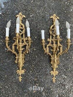 PAIR of Louis XV Style Gilt DORE BRONZE French Wall SCONCES