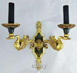 PAIR of Vintage DORE BRONZE French Classical EMPIRE SWAN Two Light WALL SCONCES