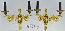 PAIR of Vintage DORE BRONZE French Classical EMPIRE SWAN Two Light WALL SCONCES