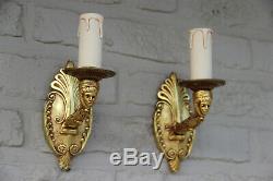 PAIR vintage french bronze gold gilt empire wall lights sconces with heads