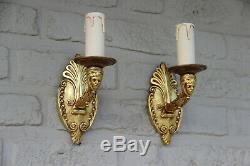 PAIR vintage french bronze gold gilt empire wall lights sconces with heads