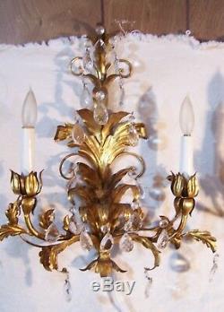 PR Antique Gold Regency Ornate Tole Wall Sconces Electric Light Candelabra ITALY