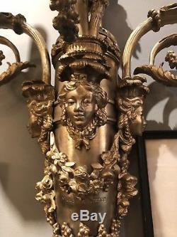 PR Huge Vintage French Classical STYLE BRONZE WALL SCONCES Gilt 5 Arm Sconce 42