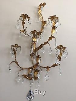 PR Vtg ITALIAN FRENCH GOLD GILT CANDLE HOLDER WALL SCONCES CRYSTAL X Large 32