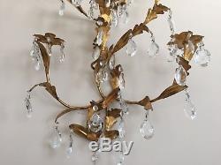 PR Vtg ITALIAN FRENCH GOLD GILT CANDLE HOLDER WALL SCONCES CRYSTAL X Large 32