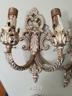 Pair 13 Antique 1920s Solid Brass or Bronze Double Wall Sconce Light Fixtures