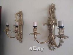 Pair 1900s Victorian Solid Bronze Electric Wall Sconces Two Arm Rococo Louis XV