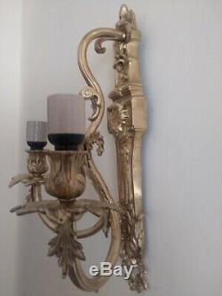 Pair 1900s Victorian Solid Bronze Electric Wall Sconces Two Arm Rococo Louis XV