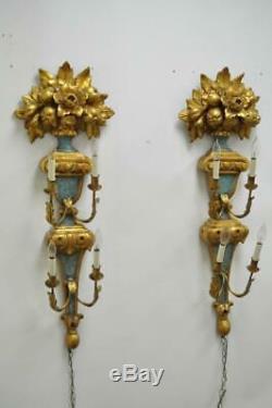 Pair 1950s Flower Carved Giltwood Italian Style Four Light Wall Sconces by Masa