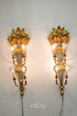 Pair 1950s Flower Carved Giltwood Italian Style Four Light Wall Sconces by Masa
