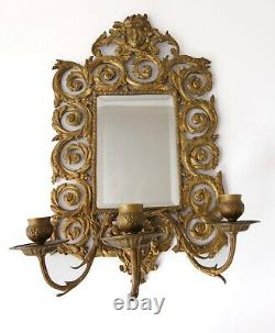 Pair 19th Century French Rococo Wall Mirrors. Brass Lady Face & Triple Sconces