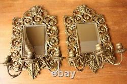 Pair 19th Century French Rococo Wall Mirrors. Brass Lady Face & Triple Sconces