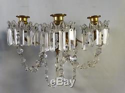 Pair (2) Antique GILT BRASS 19thC VICTORIAN Hanging PRISM Candle WALL SCONCES