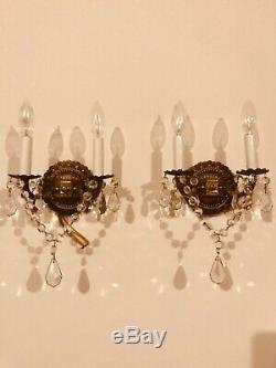 Pair 2 Vintage Brass Wall Sconces Ornate w Prisms Crystals