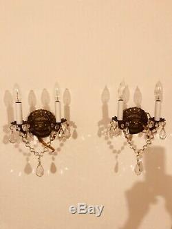 Pair 2 Vintage Brass Wall Sconces Ornate w Prisms Crystals