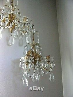 Pair 2 Vintage Italian Gilt Tole Wall Sconces loaded with Crystal 15 X 9 fine