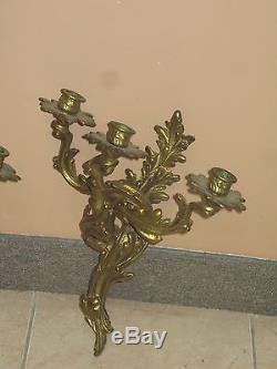 Pair @ 2 Vintage Vintage Gilt Iron Bronze Wall Sconces Candelabra 15 Rococo