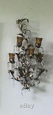 Pair 2 Vintage Wall Sconces With Crystal Prisms Gold Gilt Brass Candle Midcentury