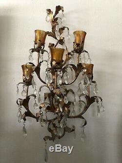 Pair 2 Vintage Wall Sconces With Crystal Prisms Gold Gilt Brass Candle Midcentury