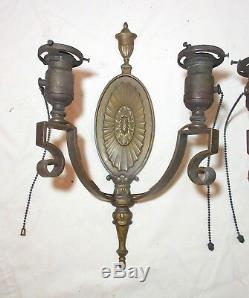 Pair 2 high quality antique RP&H bronze ornate empire electric wall sconce brass