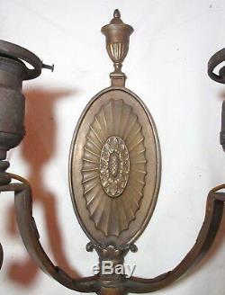Pair 2 high quality antique RP&H bronze ornate empire electric wall sconce brass
