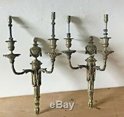Pair 2x Vintage Antique Brass Wall Sconce Electric Lights Ornate Victorian Gold