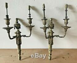 Pair 2x Vintage Antique Brass Wall Sconce Electric Lights Ornate Victorian Gold