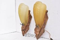 Pair 30s Art Deco Slip Shade Amber Antique Wall Sconce Fixtures Vintage RARE