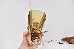 Pair 30s Art Deco Slip Shade Amber Antique Wall Sconce Fixtures Vintage RARE