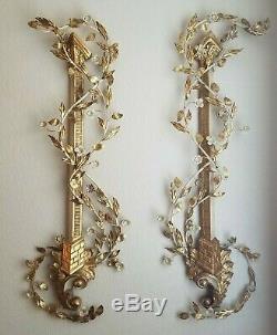 Pair 38 Tall Italian Gold Gilt Carved Wood Column and Tole Flower Wall Sconces