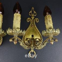 Pair ANTIQUE Double Candle Electric WALL SCONCES Pull-Chain Vintage Gold Gilt