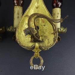 Pair ANTIQUE Double Candle Electric WALL SCONCES Pull-Chain Vintage Gold Gilt