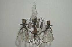 Pair Antique 20s'-30s' Victorian 2 Arm Brass Crystal Candelabra Wall 13 Sconces