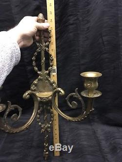 Pair Antique 25 French Gilt Bronze Brass Wall Candle Sconces LOUIS XVI Style
