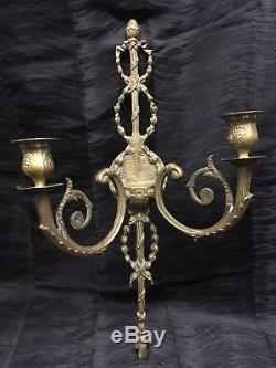 Pair Antique 25 French Gilt Bronze Brass Wall Candle Sconces LOUIS XVI Style