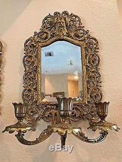 Pair Antique Bradley & Hubbard Bacchus Mirror Wall Sconces Cast Iron Brass Wash