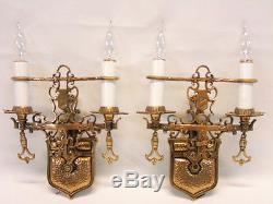 Pair Antique Brass Art Deco Tudor Spanish Mission Theater Wall Sconces Lamps