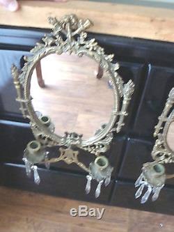Pair Antique Brass/Bronze Oval Mirror Double Arm Candle Wall Sconces w Prisms