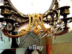 Pair Antique Brass/Bronze Oval Mirror Double Arm Candle Wall Sconces w Prisms