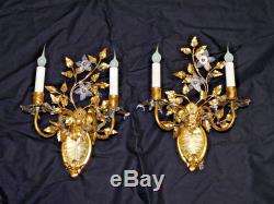 Pair Antique Etched Rock Crystal Gold Gilt Floral Tole Italian Wall Sconces
