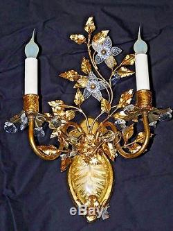 Pair Antique Etched Rock Crystal Gold Gilt Floral Tole Italian Wall Sconces