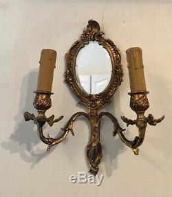 Pair Antique French Beveled Mirror Sconces Electric Wall Lights Candle Holders