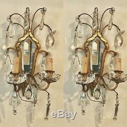 Pair Antique French Beveled Mirror Sconces Electric Wall Lights & Crystals