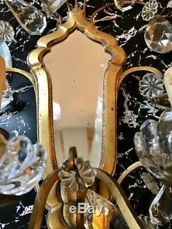 Pair Antique French Beveled Mirror Sconces Electric Wall Lights & Crystals