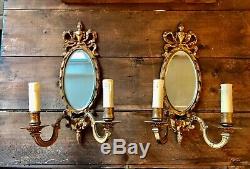 Pair Antique French Bow Top Mirror Sconces Electric Wall Lights Candle Holders