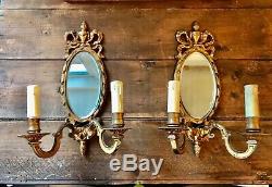 Pair Antique French Bow Top Mirror Sconces Electric Wall Lights Candle Holders
