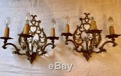 Pair Antique French Crystal 3 Arm Candle Sconce Electric Wall Lights Beautiful