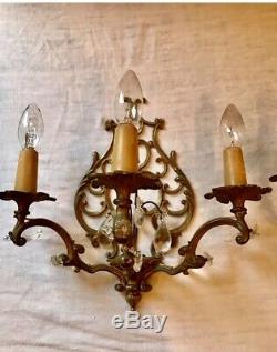 Pair Antique French Crystal 3 Arm Candle Sconce Electric Wall Lights Beautiful